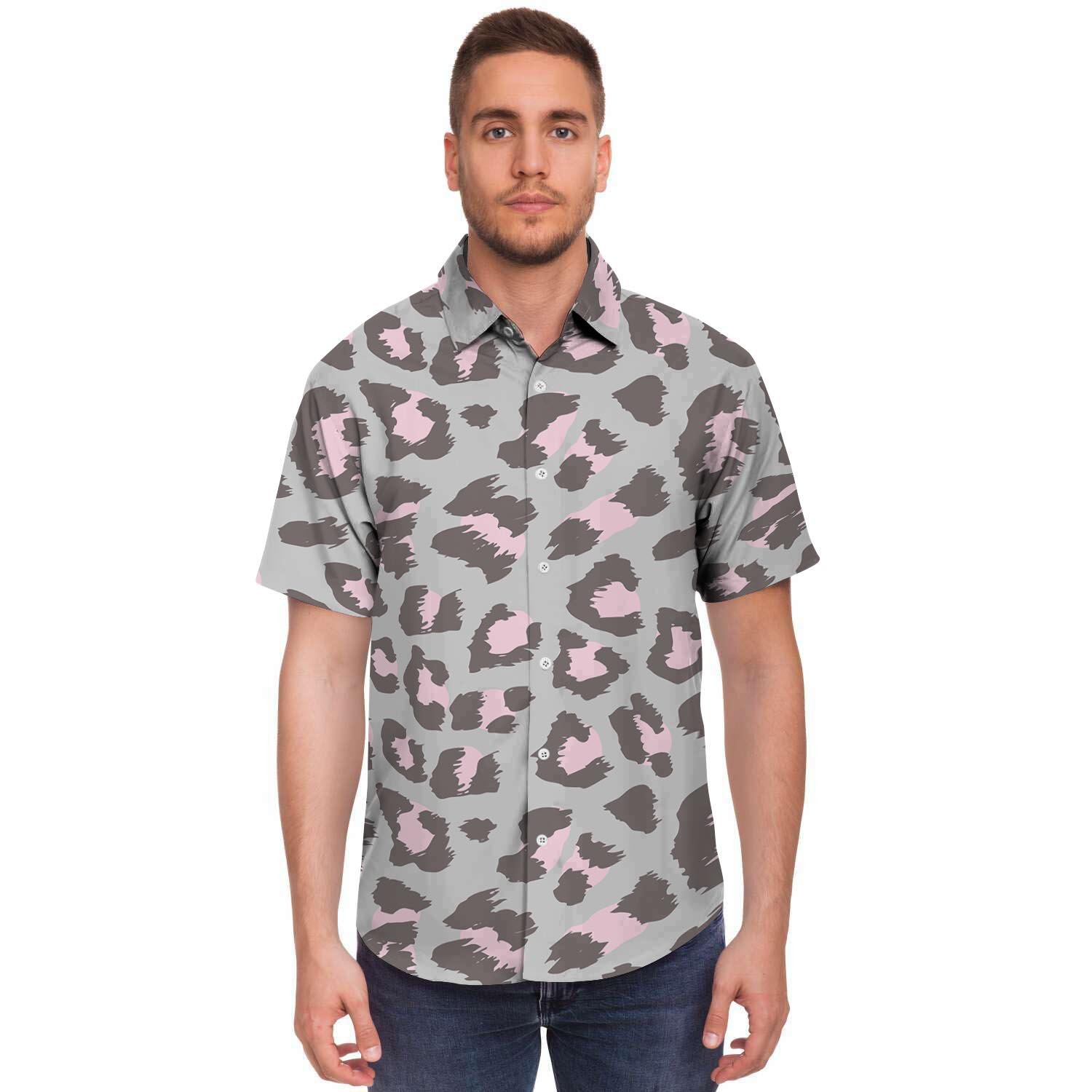 Grey And Pink Leopard Men’S Short Sleeve Shirt