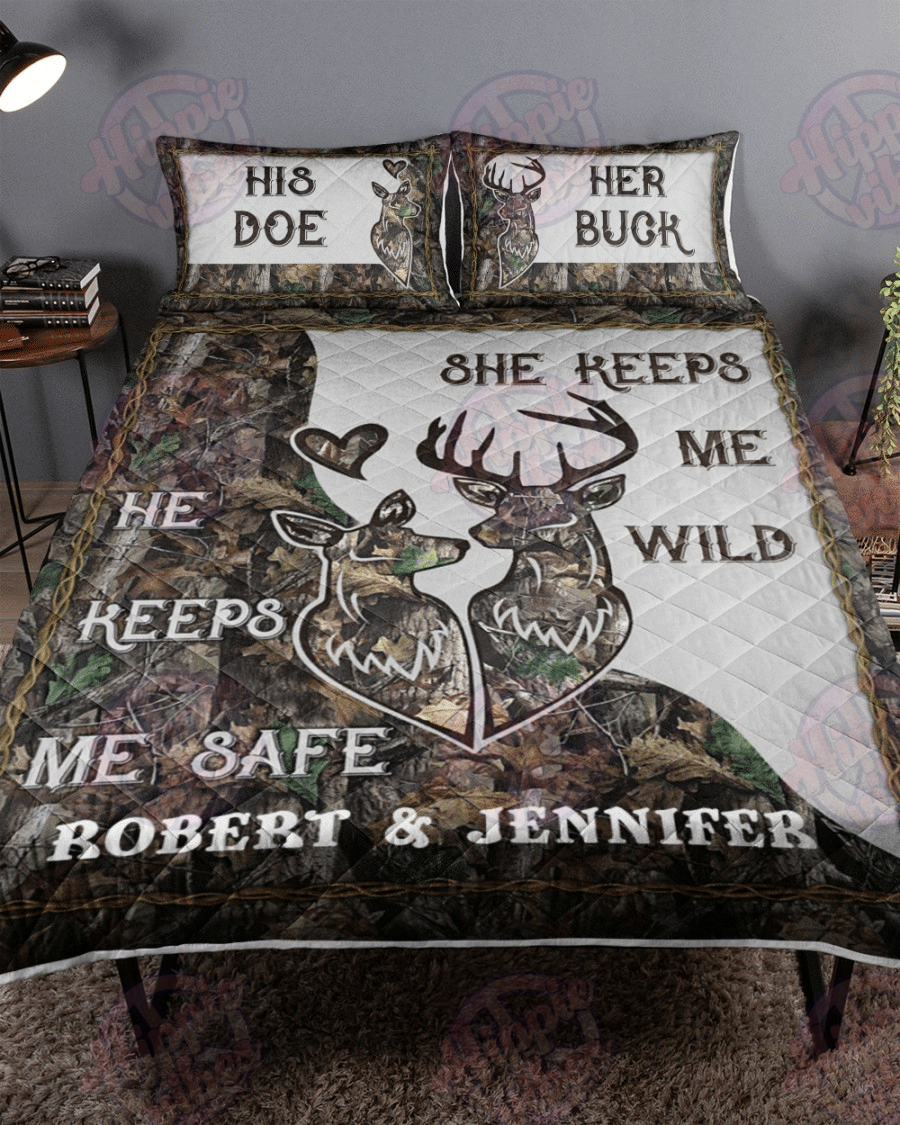 Personalized Deer Couple Camo Safe Wild Quilt Bed Set