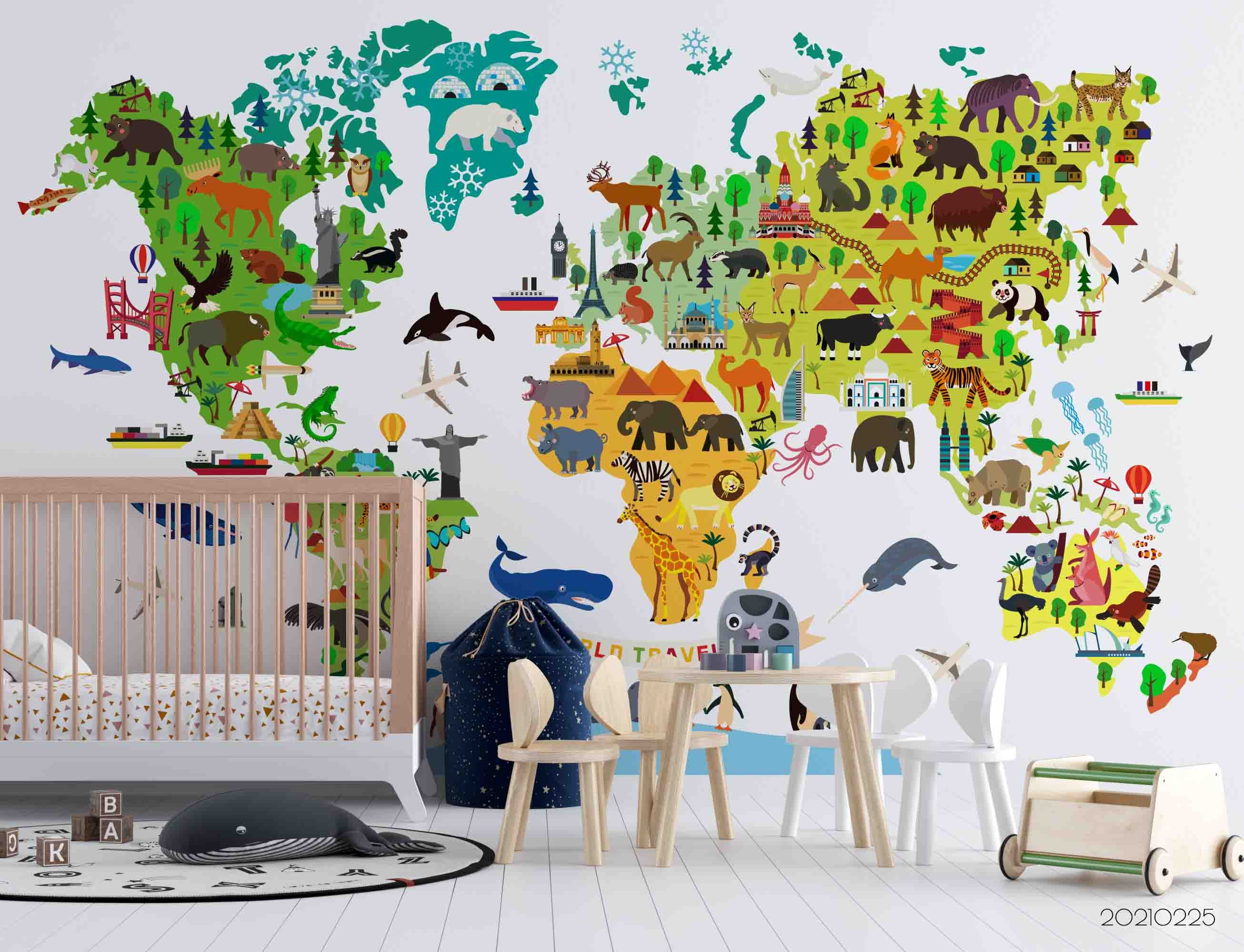 3D Cartoon World Map Animals Wall Mural Wallpaper Lqh 168