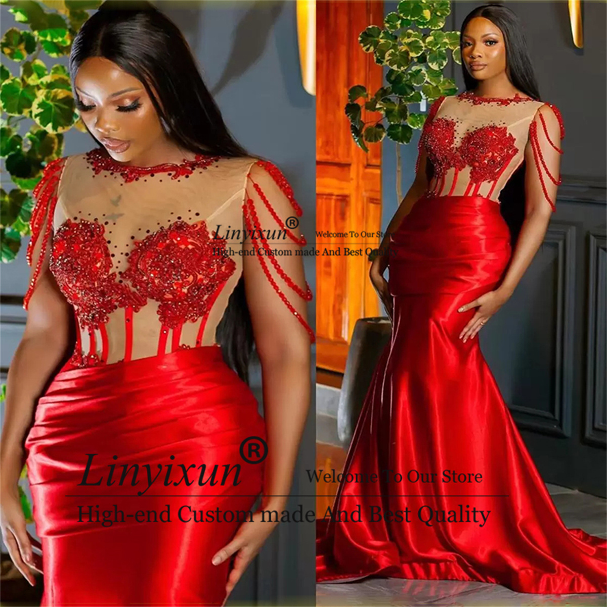 Red Aso Ebi Prom Dresses Sheer Lace Appliques Cap Sleeve Satin Mermaid Evening Party Gowns African Zipper Back robes de soirée alx