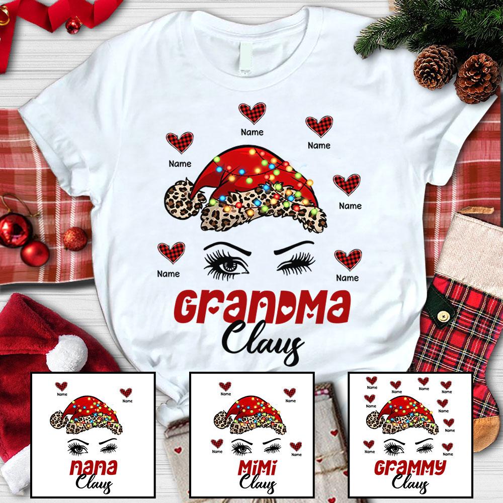 Personalized T-Shirt Grandma Claus Cute Santa Hat & Eyes Lash With Heart Printed Leopard Design Custom Grandkids Name