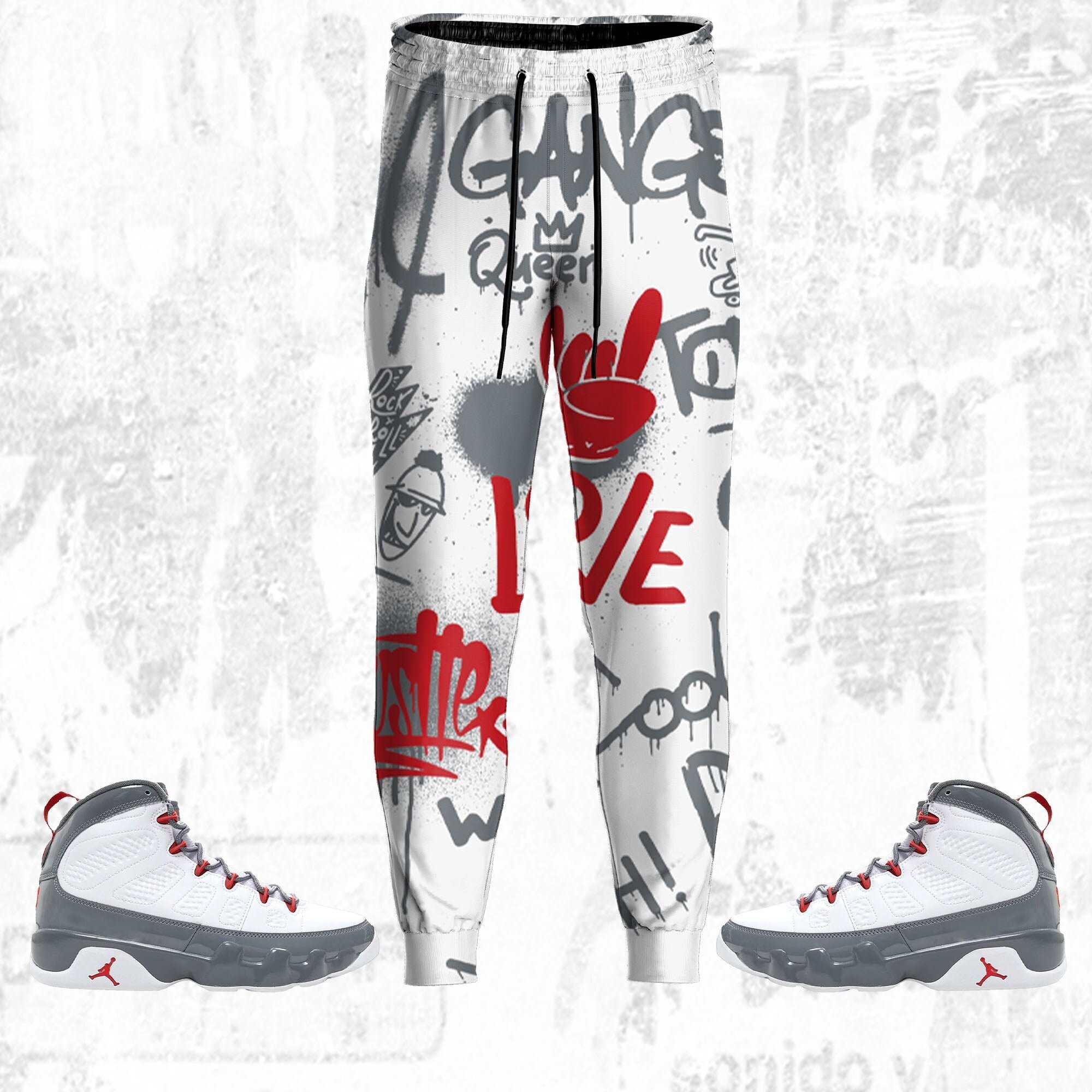 Doodle Style ST Unisex Pants match Jordan 9 Retro Fire Red, Pants 3D match Jordan Sneaker