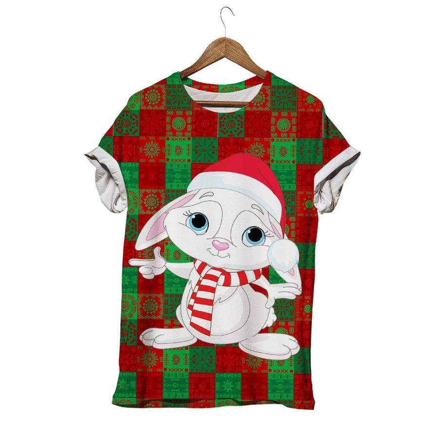 Christmas Rabbit With Santa Claus Hat Ethnic Motif Rabbit T-shirt