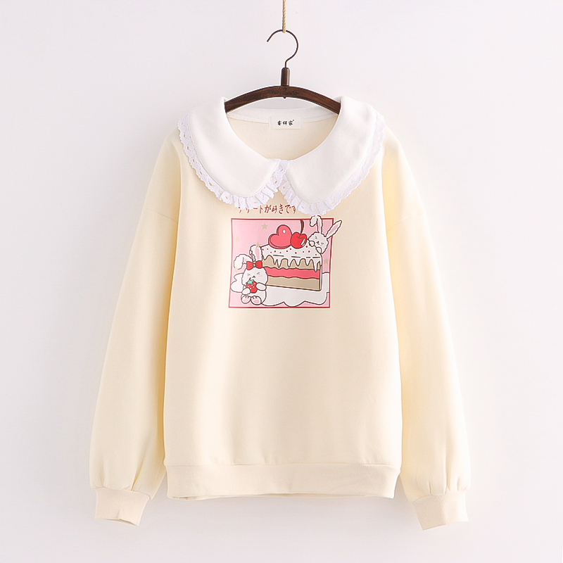 Japan Style Kawaii Rabbit Print Harajuku Women Sweatshirt 2021Winter Long Sleeve Peter Pan Collar Sweet Female Cute Pullover Top alx