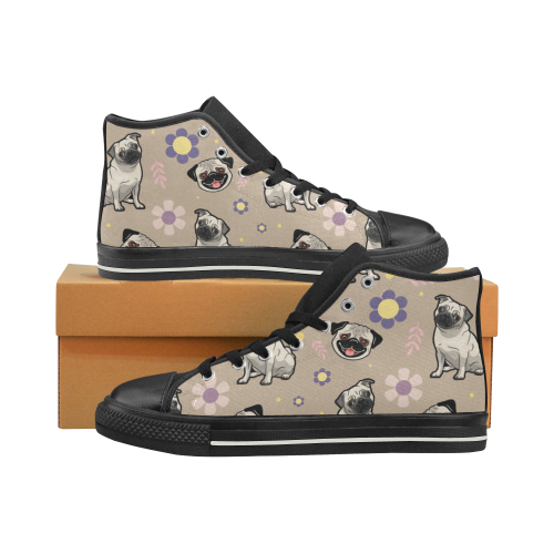 Pug Flower Black High Top Canvas Shoes for Kid (Model 017)