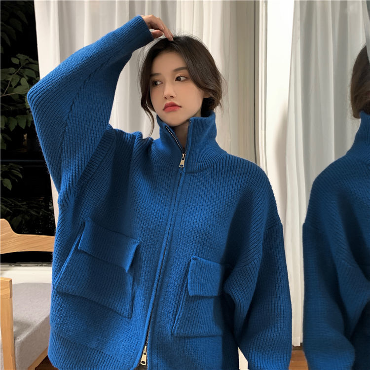 Cardigans Women Solid Long Sleeve Knitting Turtleneck Sweet Pockets All-match Spring Autumn Hot Selling Sweaters Feminino Trendy alx