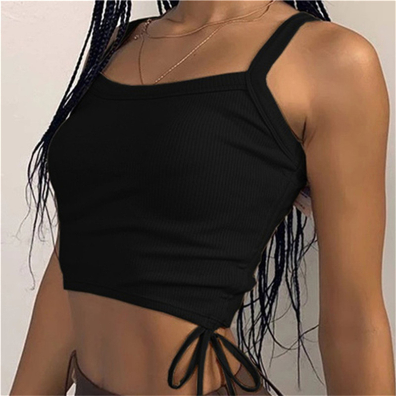 2022 New Tank Tops Women Sexy Crop Vest with Drawstring Solid Female Off Shoulder Knitted Cotton White Summer Ladies Stretch Top alx