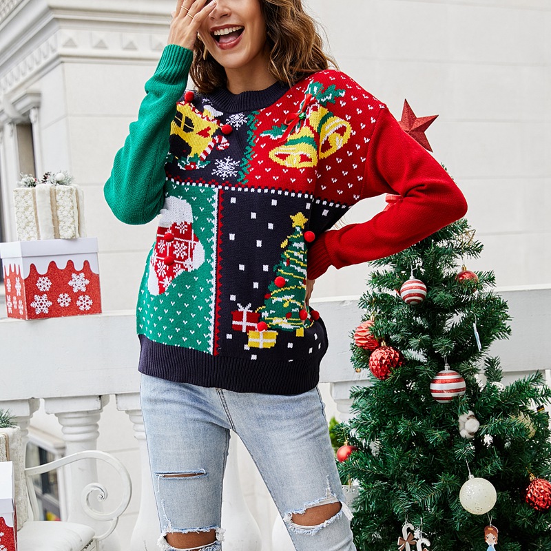 Ugly Christmas Sweater Autumn Casual Cartoon Pullover Sweater Knit Streetwear Oversized Pullover Blue alx