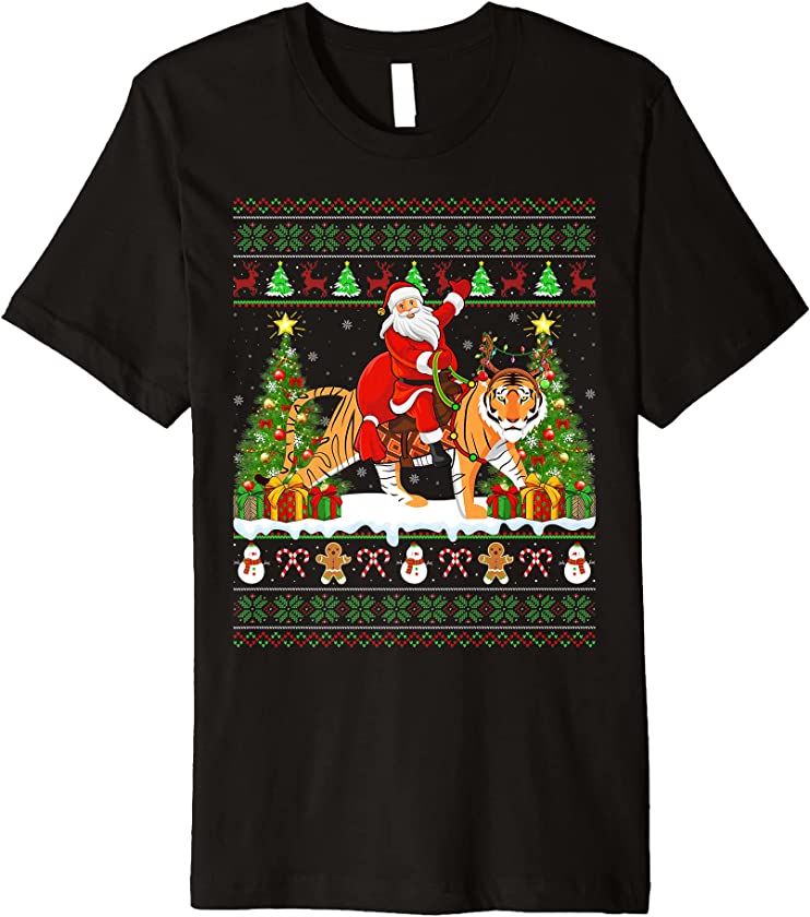 Tiger Lover Funny Ugly Santa Riding Tiger Christmas Premium T-Shirt