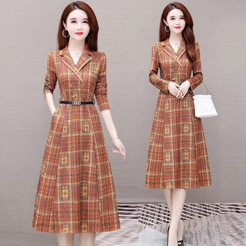 Vintage Plaid Print Suit Dress Women Office Lady Elegant Notched Collar A-Line Midi Party Dresses Korean Fashion Vestidos Mujer alx