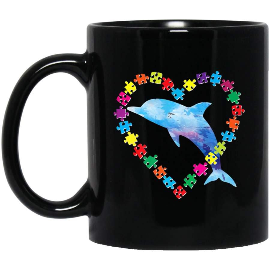 Autism Awareness Love Strong Colorful Puzzle Dolphin 11oz 15oz Black Mug Idea 2nd April Puzzle Ribbon Support Autism Dad Mom Kids Autistic