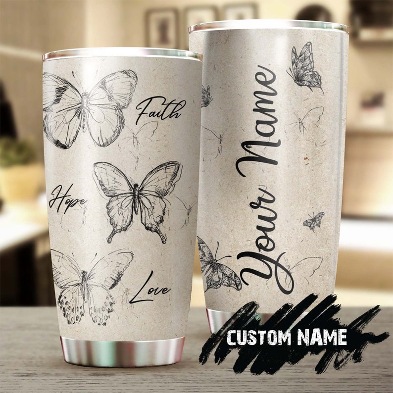 Faith Butterfly Sketch Faith Hope Love Personalized Tumbler-Birthday Christmas Gift For Jesus Catholic Christians