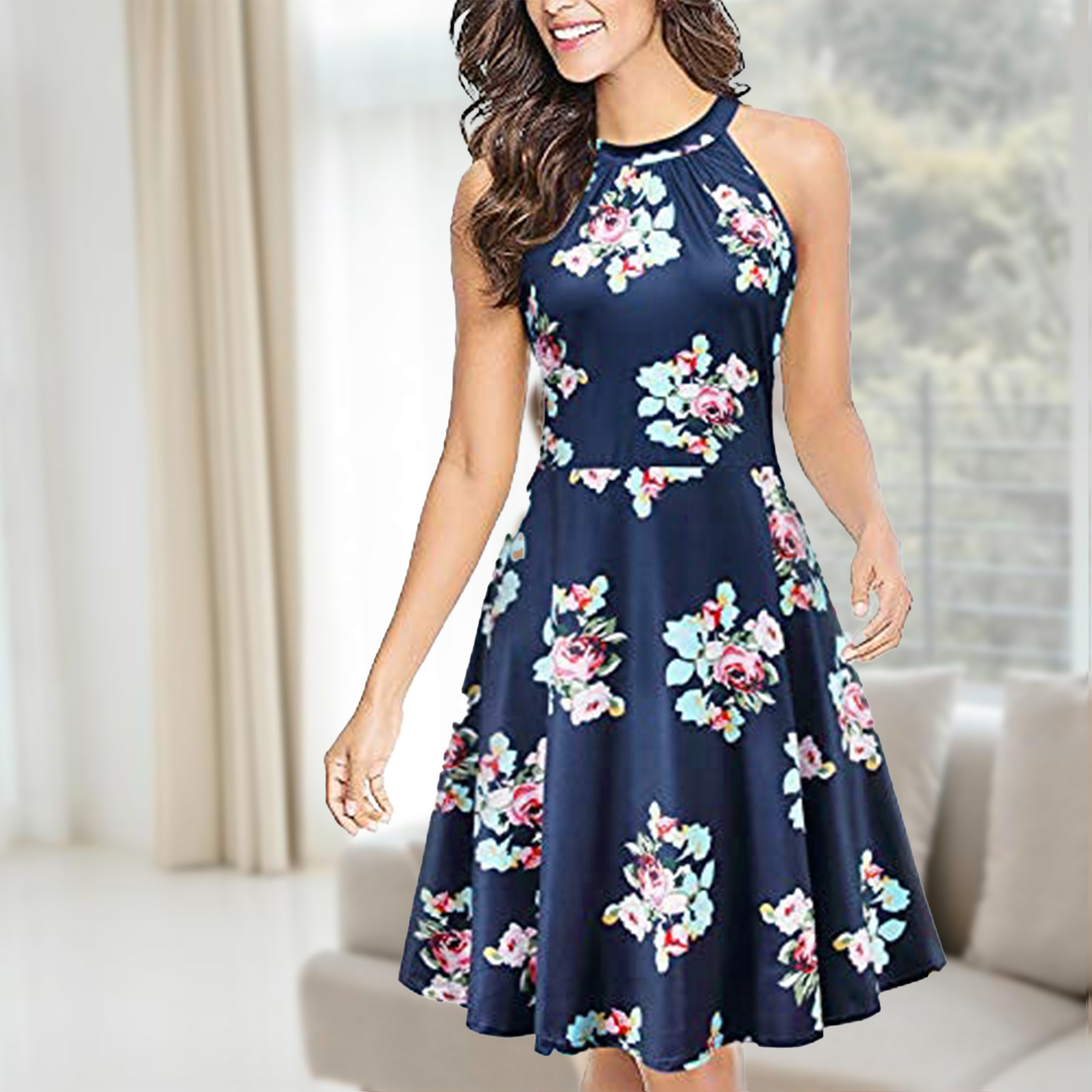 Women Fashion Summer Dress Casual Elegant Dress Sleeveless Halter Flower Print Loose Mini T Shirt Dresses for Women Graphic alx