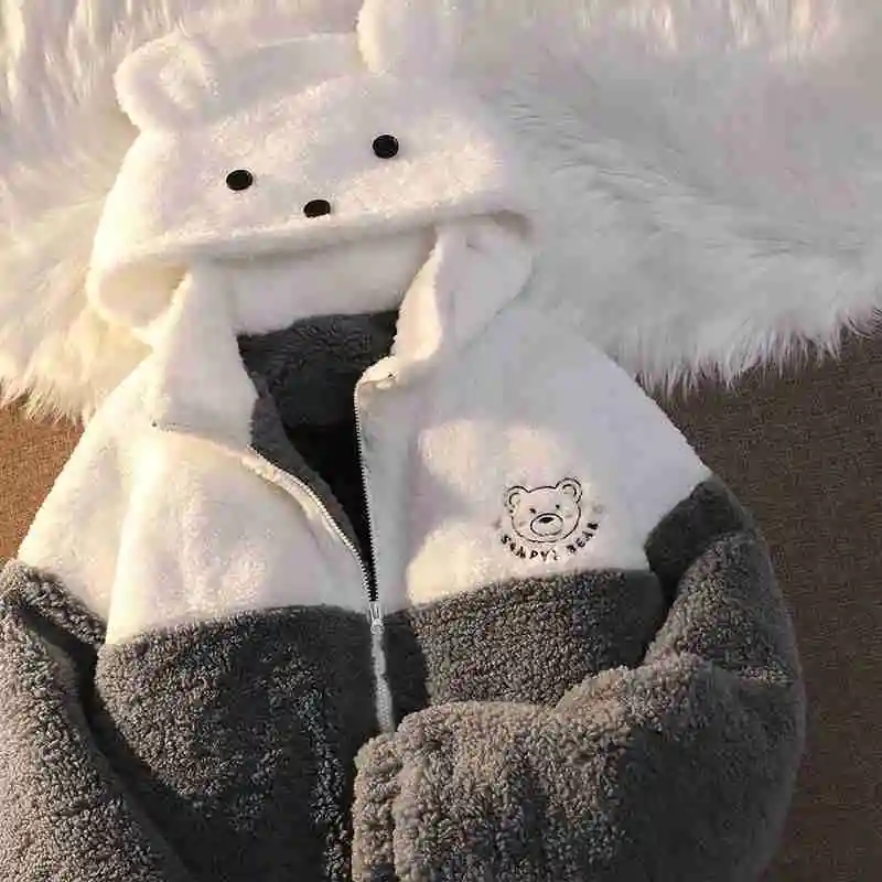 2022 Autumn/Winter Woman Polar Fleece Little White Bear Hoodie Y2K Sweatshirt Korean Thick Fashion Casual Jackets Couple Coat alx