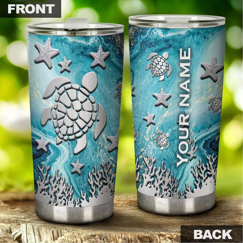 Turtle Starfish Coral Steel Style Personalized Tumbler-Turtle Present-Unique Tumbler-Birthday Christmas Gift For Turtle Lover