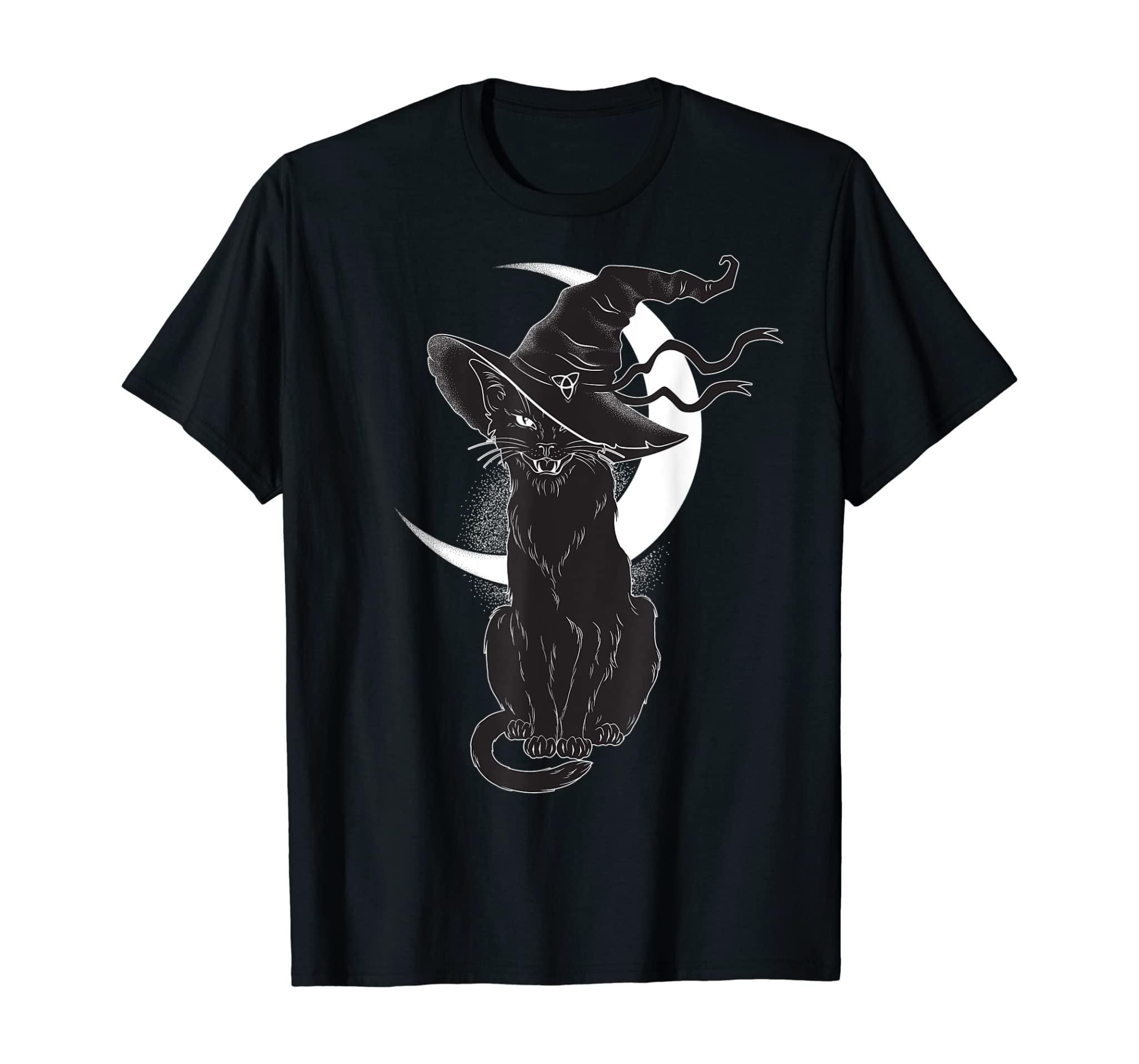 Vintage Scary Halloween Black Cat Costume Witch Hat & Moon T-Shirt