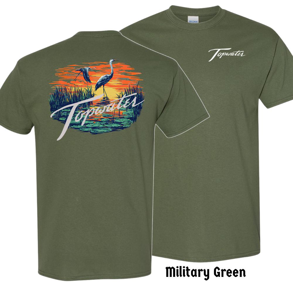 Topwater Sunset Heron Summer T-Shirt Wildlife Nature Scene Tee, Classic Fit, Soft Cotton, Great for Bird Watchers and Summer Outdoor Lovers