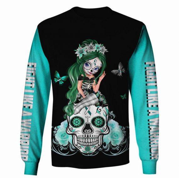 Skull Gift Fight Like A Warrior™ White Teal Cervical Cancer Sugar Skull Girl Awareness Hoodie