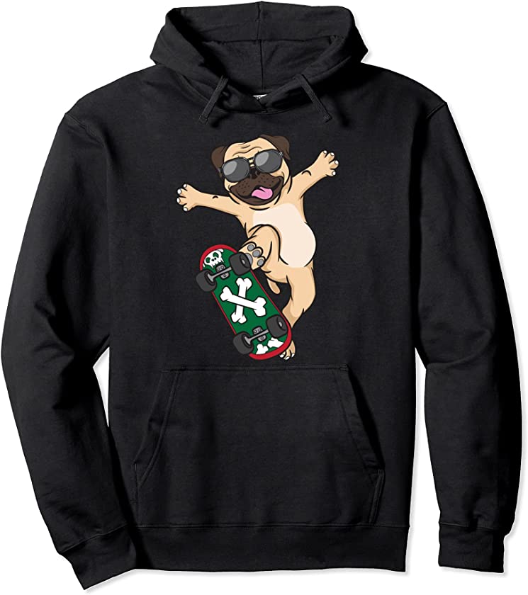 Pug Skateboard Dog Lover Puppy Funny Skater Skateboarding Pullover Hoodie