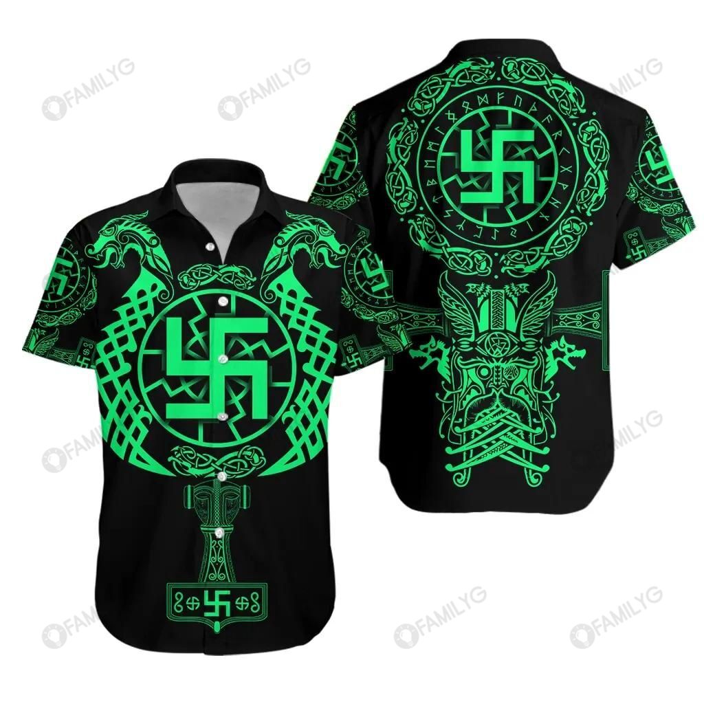 Viking Shirts – Nordic Viking Swastika Green Color – Viking Hawaiian Shirt Summer Hawaiian For Men, Women, Couple