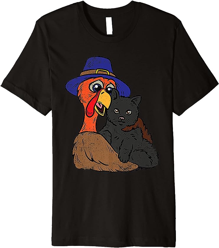 Turkey Hugging Cat Thanksgiving Day Cute Kitten Fall Autumn Premium T-Shirt