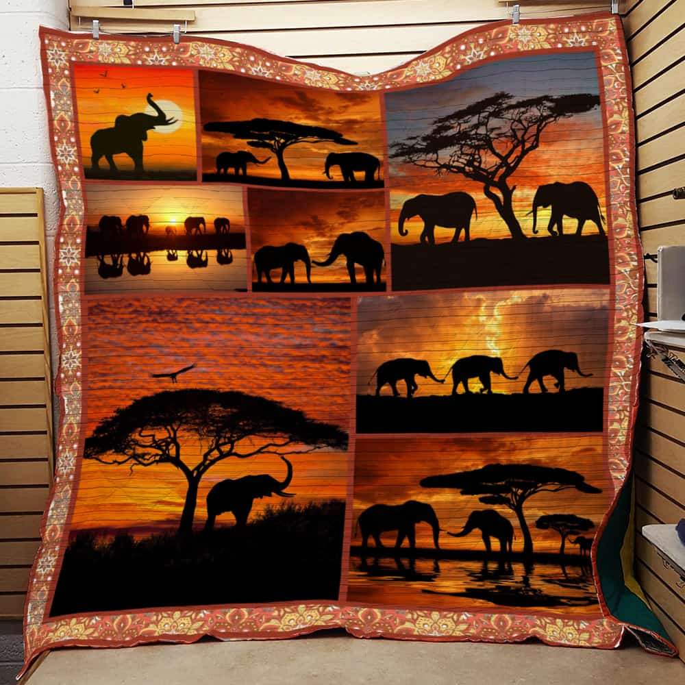 Silhouette Elephant  With Tree  Elephants Walking Sunset  Quilt Blanket