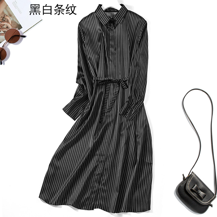 Women’s 100% Mulberry Silk 16 momme Satin Silk Long Sleeve Collared Shirt Dress Midi Dress Navy Black belted Waist JN023 alx