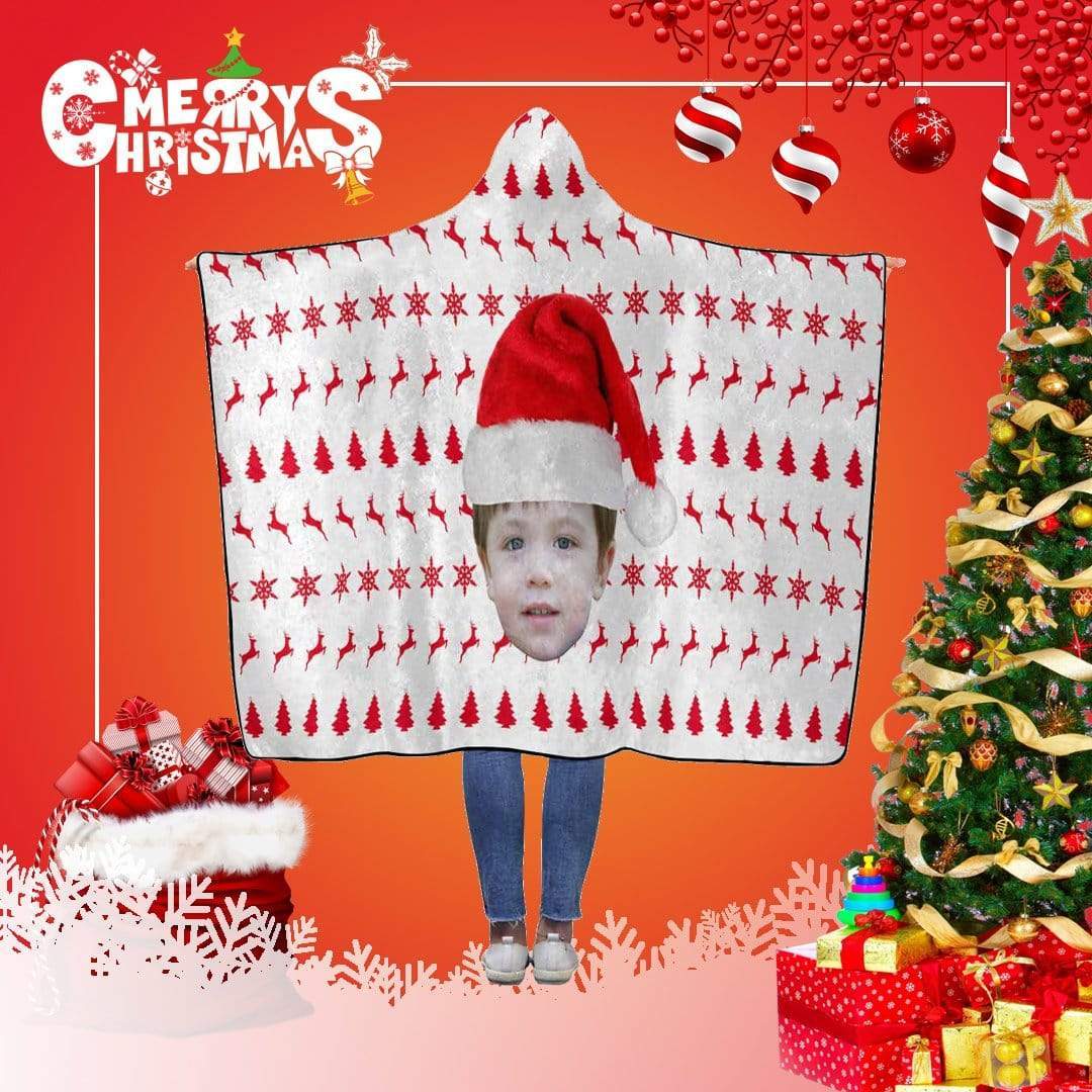 Custom Face Christmas Patterns White Flannel Hooded Blanket