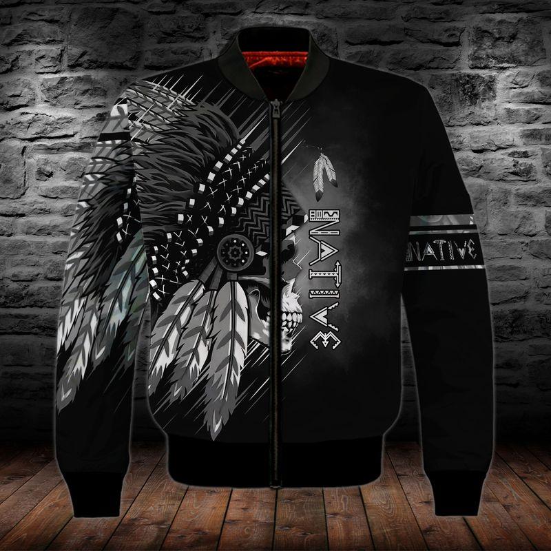 Black And White Native Skull 3D Bomber