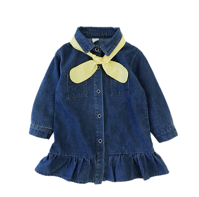 Spring Autumn Girls Denim Dresses with Scarf Bow Cotton Trumpet / Mermaid Skirt Kids Clothes Party Dress for Kids Girl Birthday alx