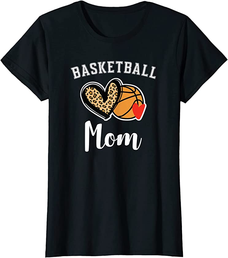 Womens Basketball Mom Leopard Heart T-Shirt