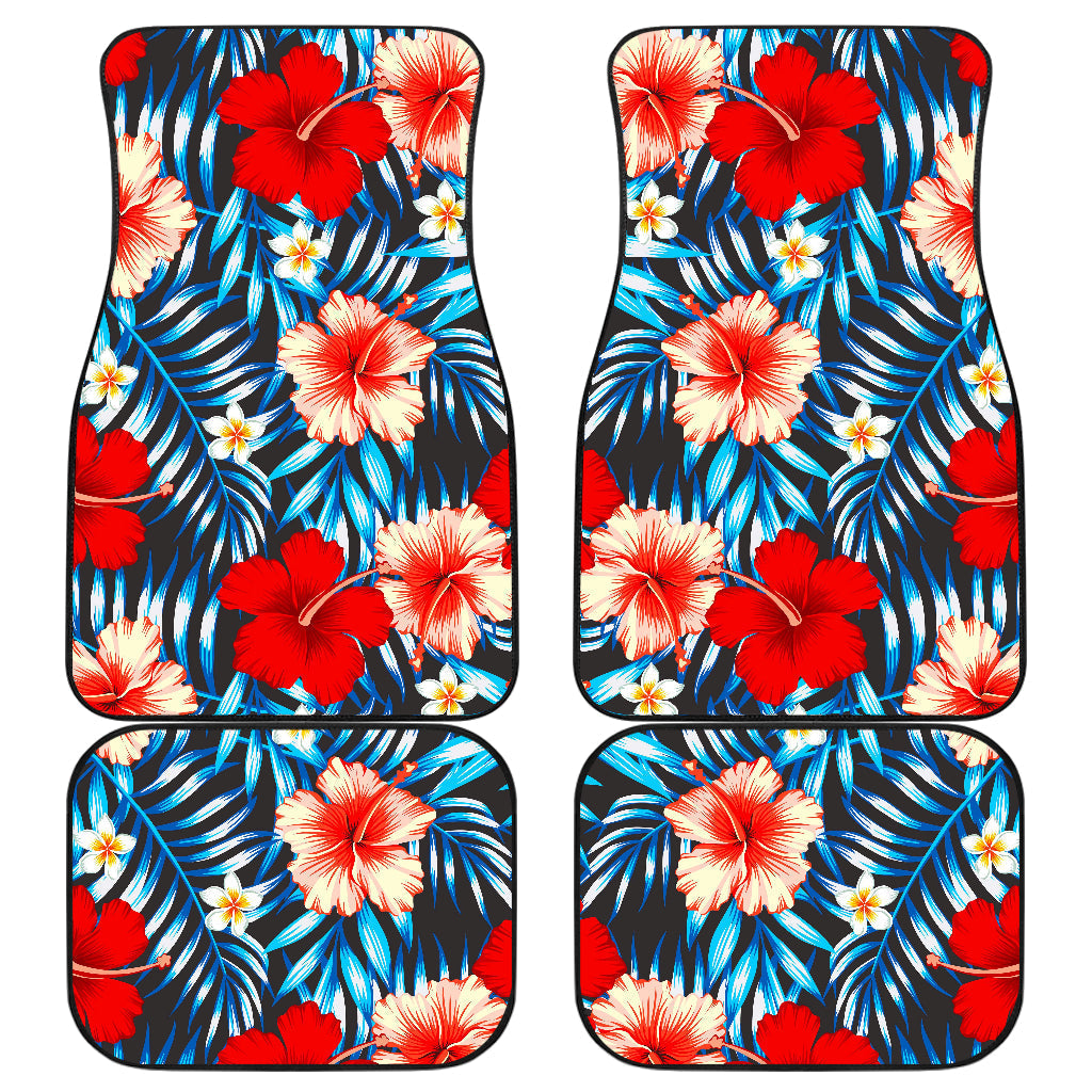 Turquoise Leaves Hibiscus Pattern Print Front And Back Car Floor Mats, Front Car Mat