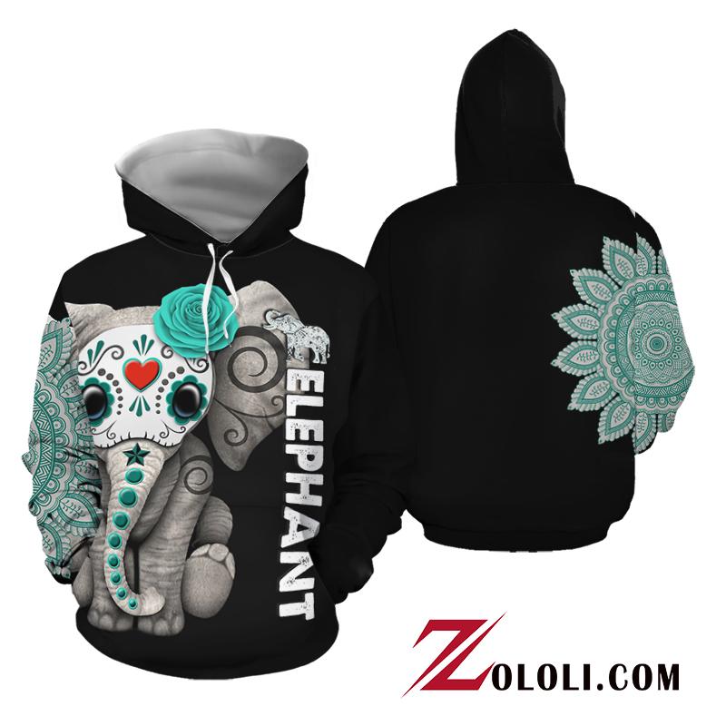 3D Camping Hoodie Sugar Elephant Black Full Size