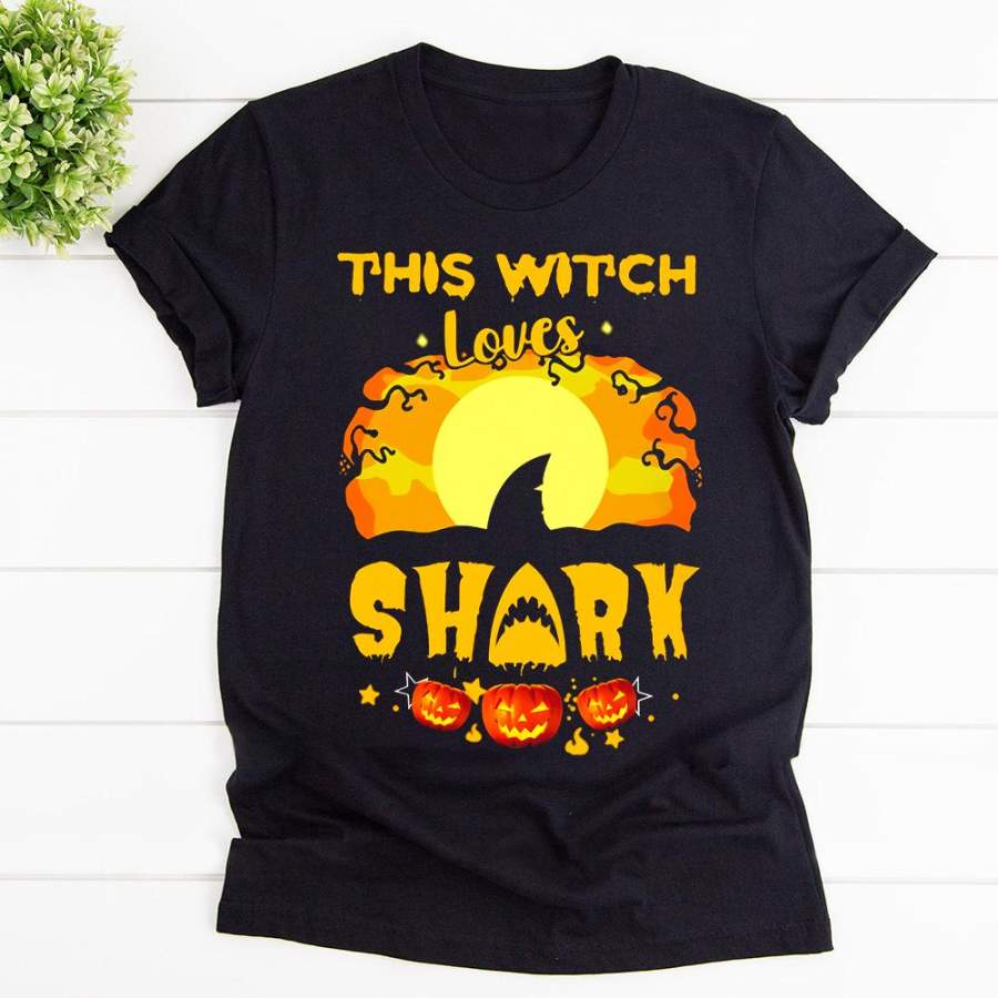 This witch loves shark happy halloween night black cotton t shirt for men and women S-6XL