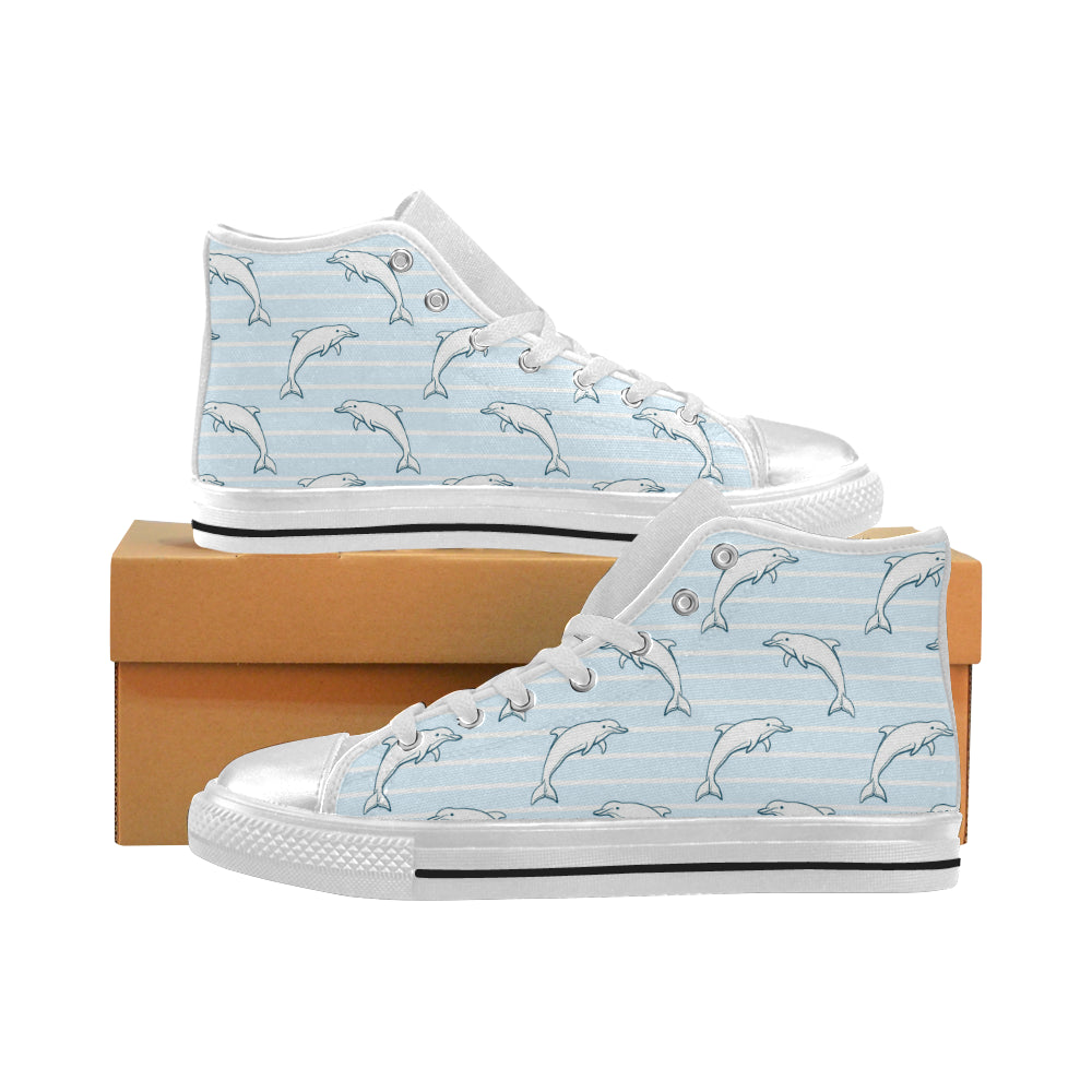 Dolphin Blue Striped Background Women’S High Top Canvas Shoes White Gift For Men Women