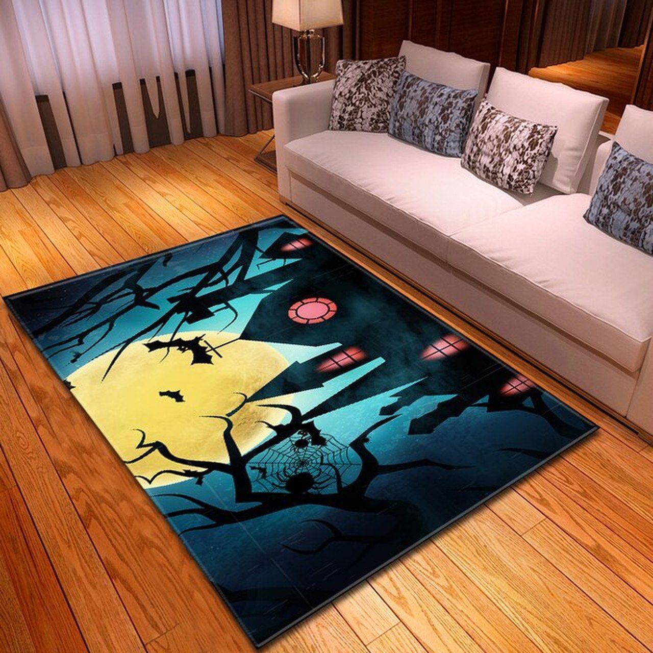 Halloween Spooky Bats And Creepy Spider On Mid Night Area Rugs Living Room Carpet Floor Decor The Us Decor