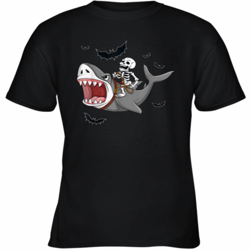 Skeleton Riding Shark Funny Halloween Boys Girls Kids T Shirt