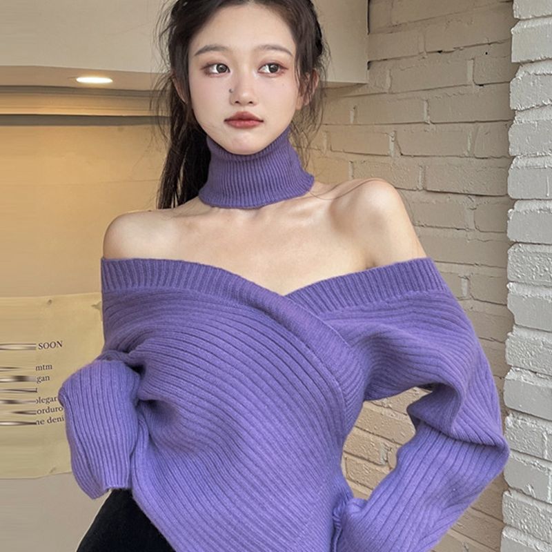  Sweater Women Design Sense Of Irregular Cross V Neck Off-the-Shoulder Sweater Autumn Winter Long-Sleeved Pullover Top alx