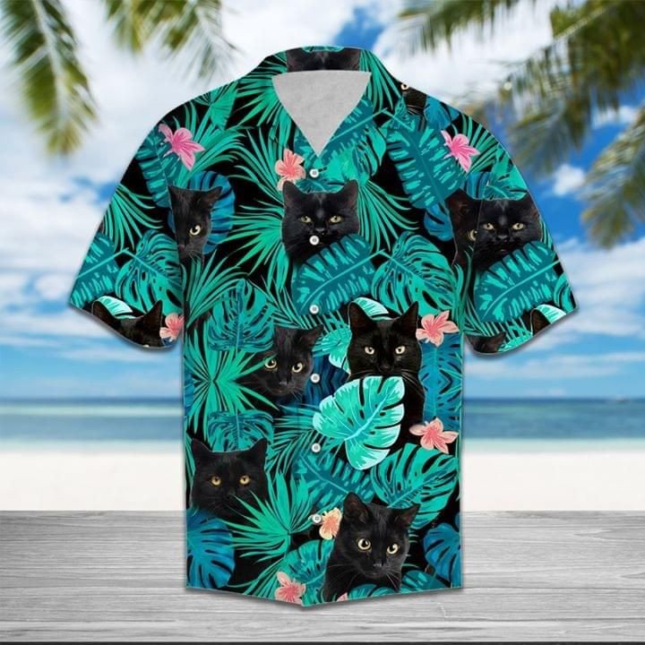 Black Cats Flowers Hawaii Graphic Print Short Sleeve Hawaii Casual Shirt Ha71243