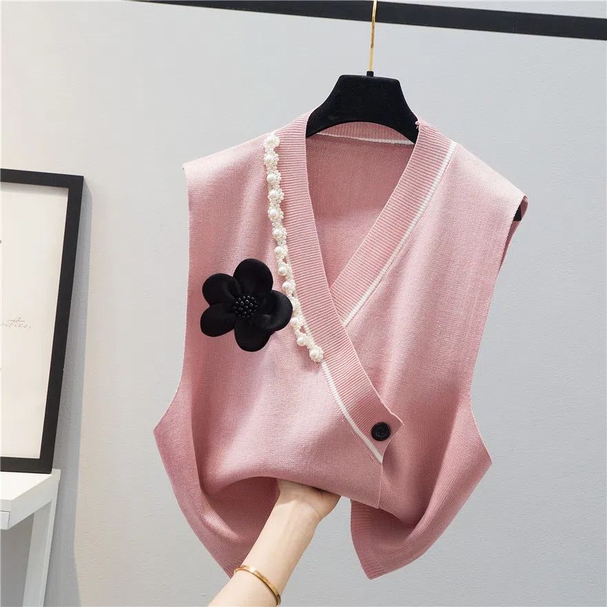 Spring Autumn Fashion V-neck Elegant Chic Beads Sleeveless Knitted Sweater Vest Casual Street Solid Loose Pullovers Top Female alx