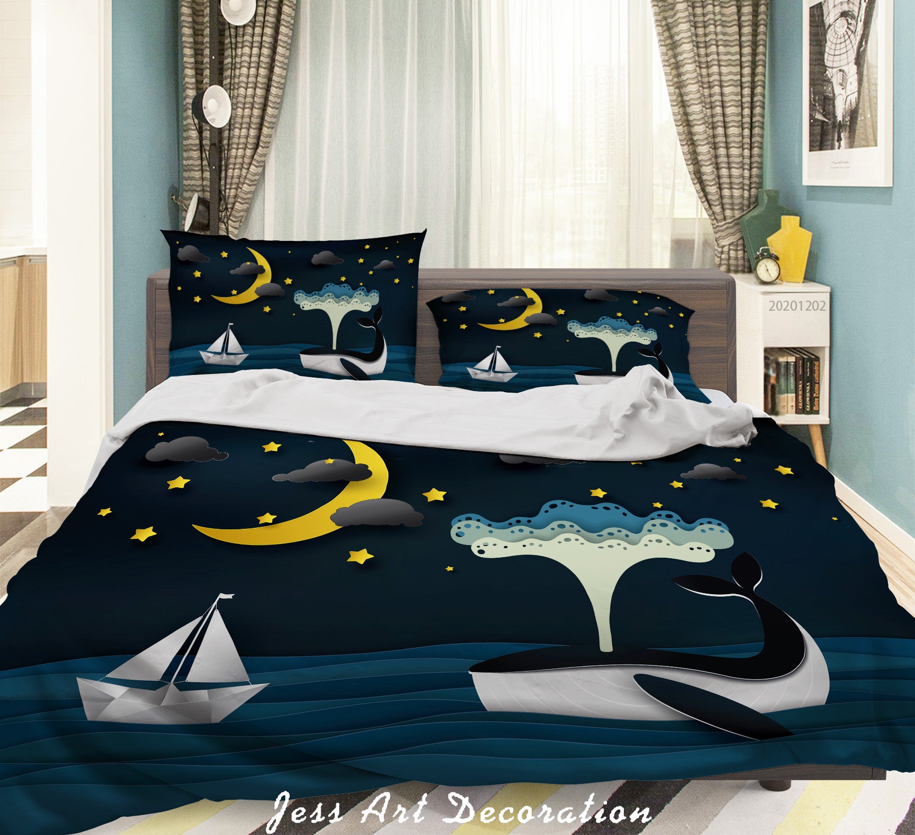 3D Cartoon Night Moon Star Cloud Sailboat Ocean Whale Quilt Cover Set Bedding Set Duvet Cover Pillowcases Lxl