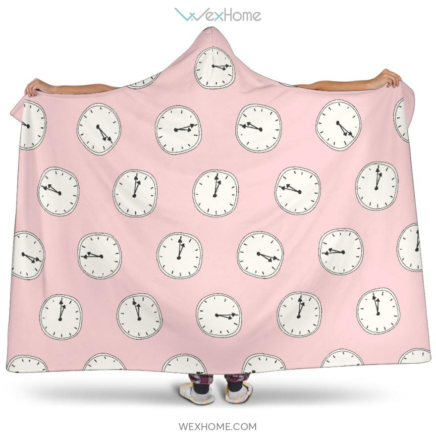 Clock Pattern Pink Blackground Hooded Blanket