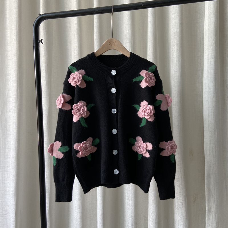 2022 Autumn And Winter Clothing New Hong Kong Style Retro Knitted Top Women Rose Embroidery Contrast Sweater Cardigan alx