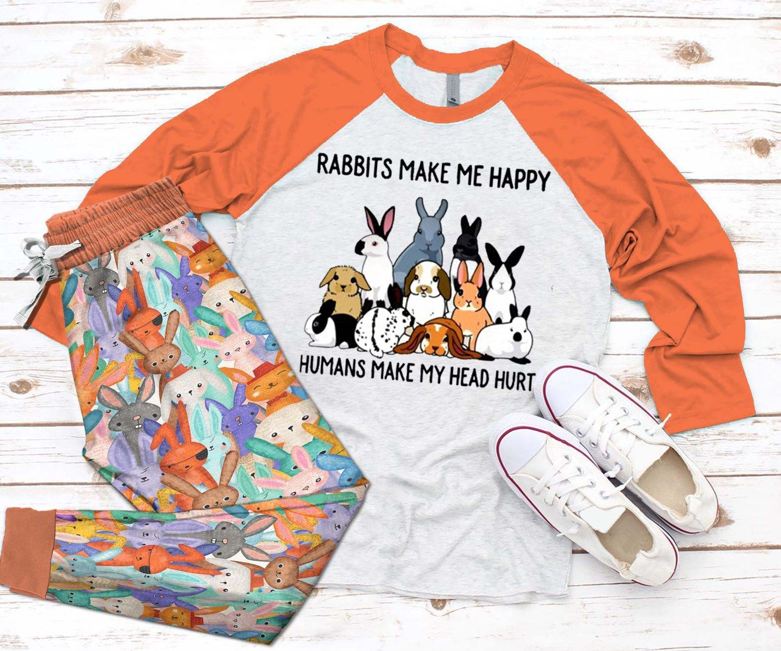 Rabbits Make Me Happy DHC05012409TH Adult Raglan Shirt And Pajamas Pant Set Pjs Sleepwear For Women