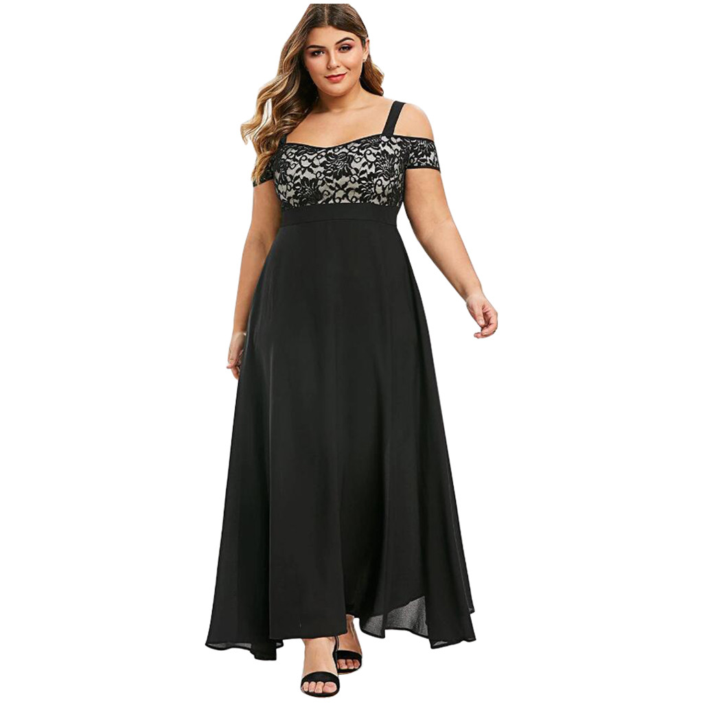 Women Plus Size Dress Cold Shoulder Floral Lace Maxi Dress Lady Party Evening Camis Long Dress Plus Size L-5XL Female Vestidos alx