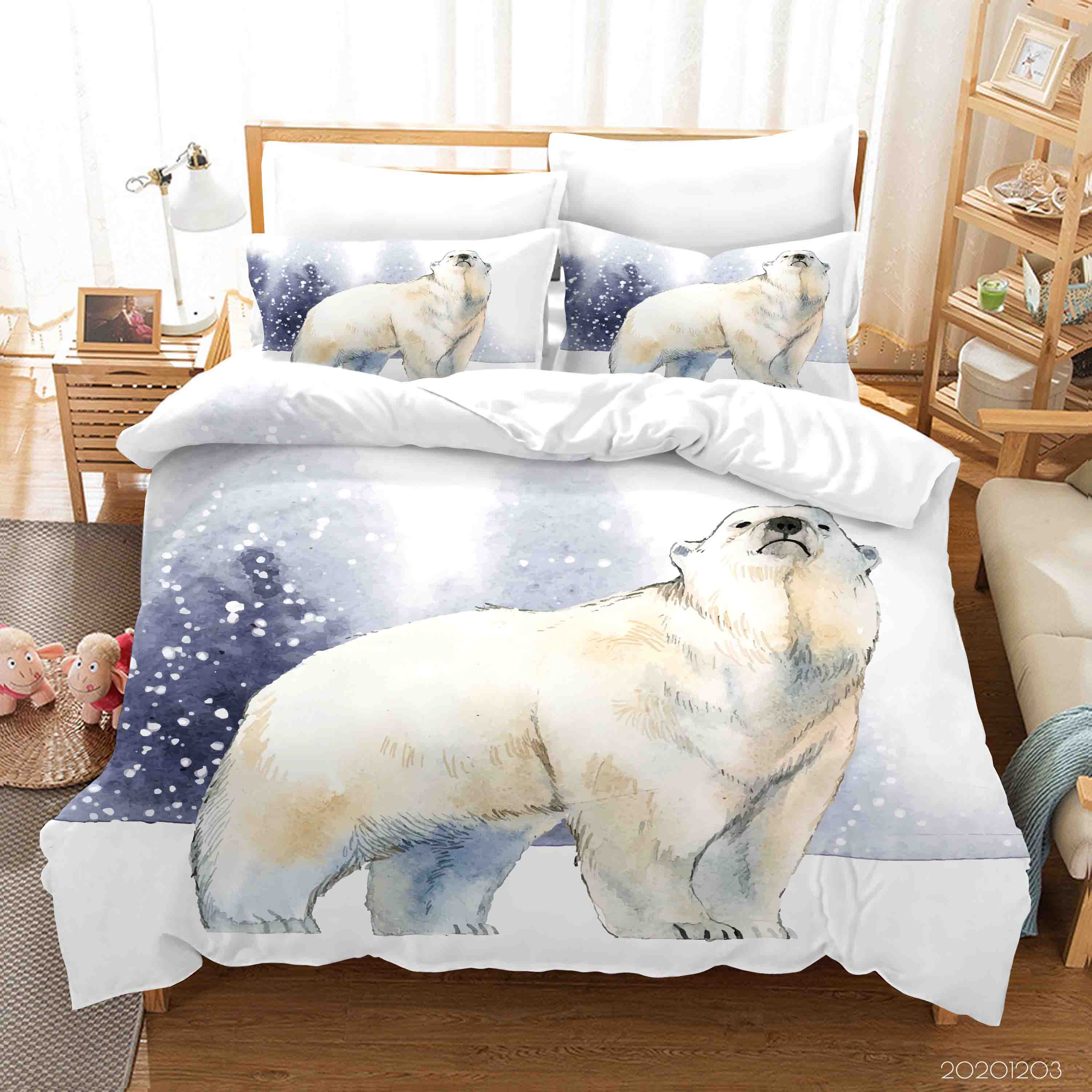 3D Cartoon Hand Drawn Snowing Polar Bear Animal Quilt Cover Set Bedding Set Duvet Cover Pillowcases Lxl