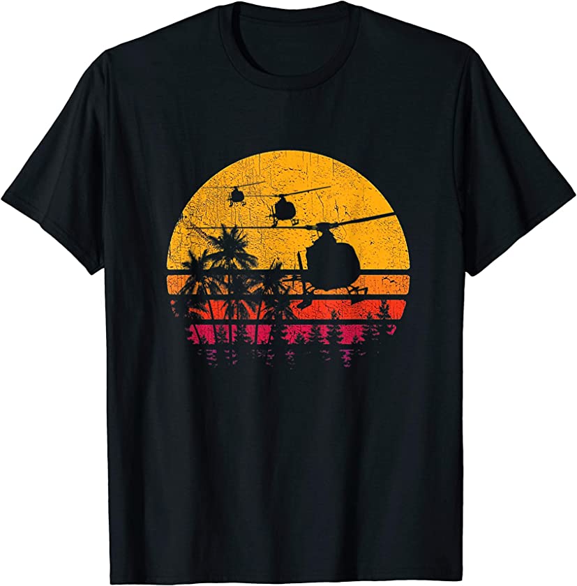 Vintage Sunset Trendy Silhouette Vietnam Helicopter T Shirt