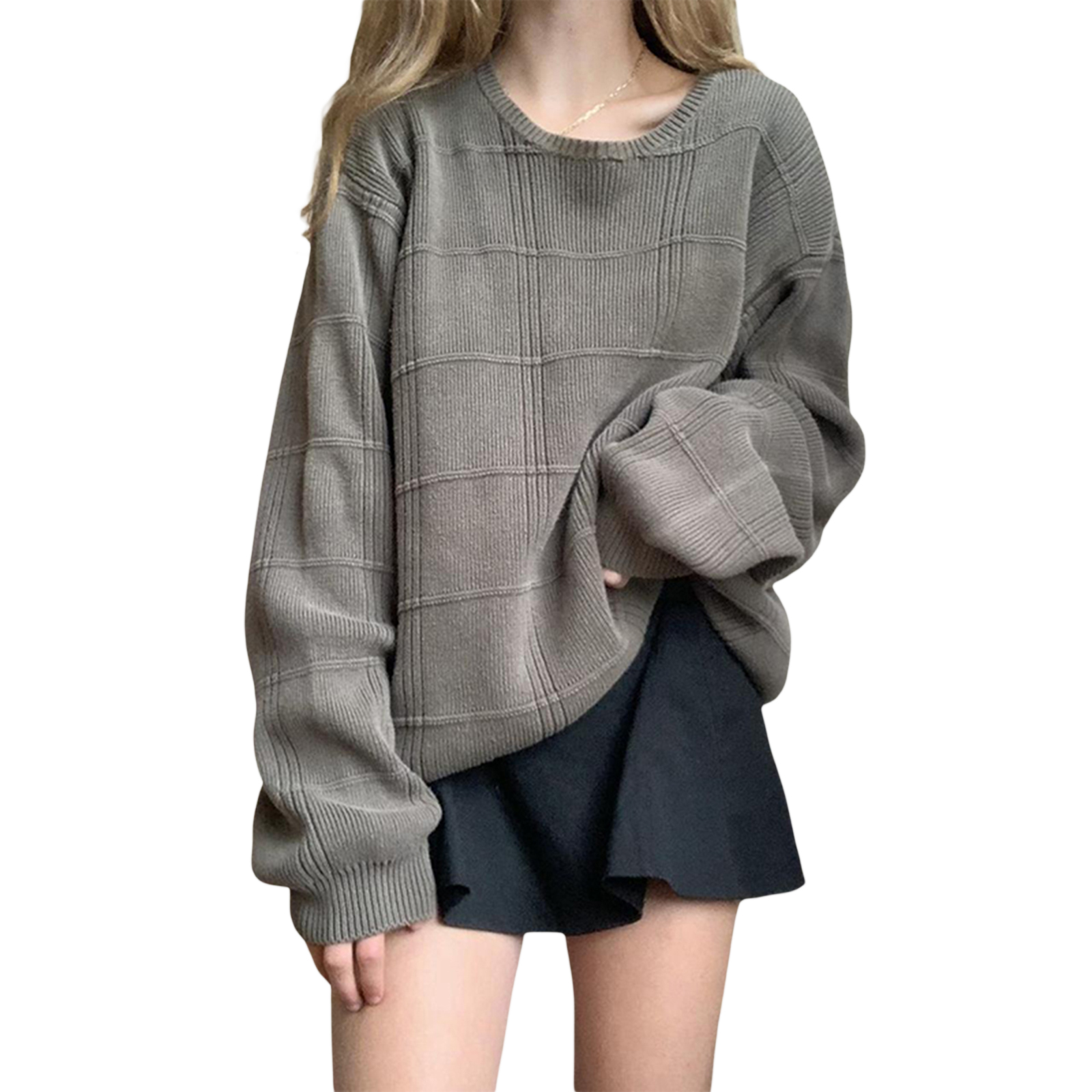 Women’s Autumn Winter Vintage Casual Sweater Gray Long Sleeve Round Neck Loose Pullover Knitwears alx