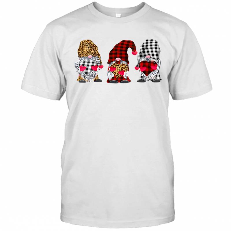 Three Gnomes Holding Hearts Leopard Print Buffalo Plaid Valentines Day Shirt