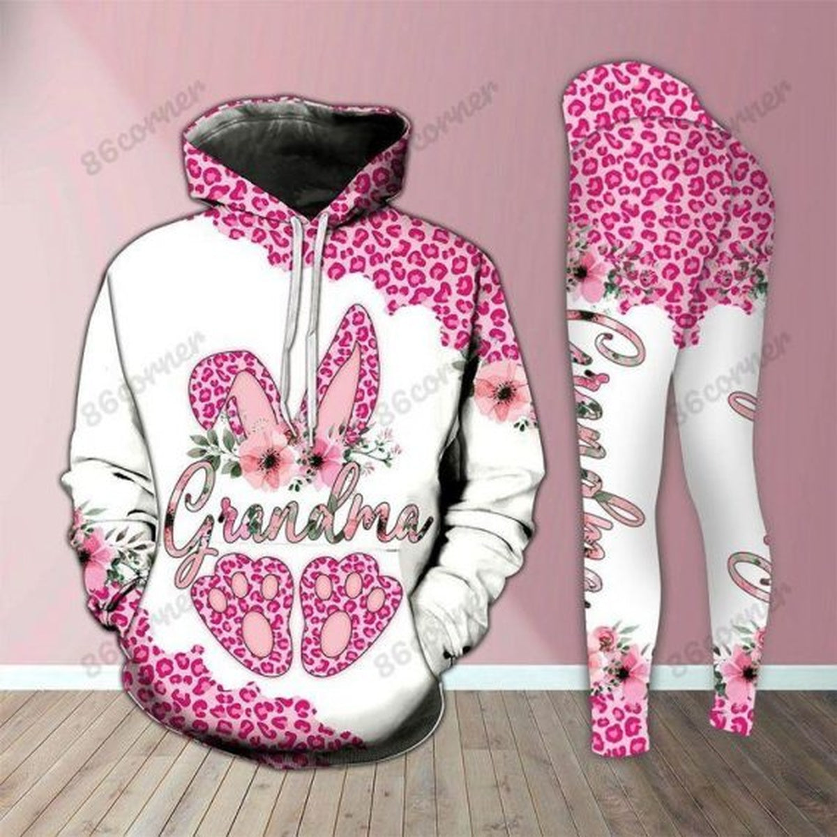 Grandma Bunny Pink Leopard Legging Hoodie , Leopard Legging Hoodie